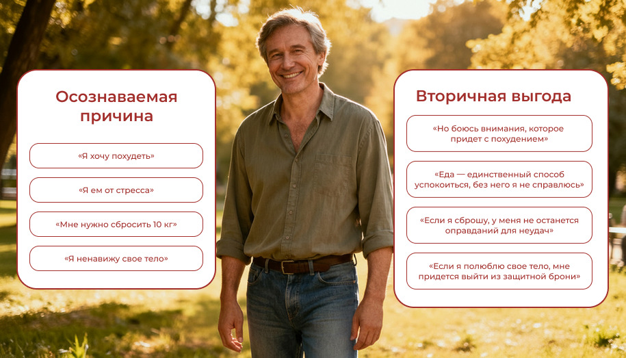 осознаваемая причина Вторичная выгода от похудения